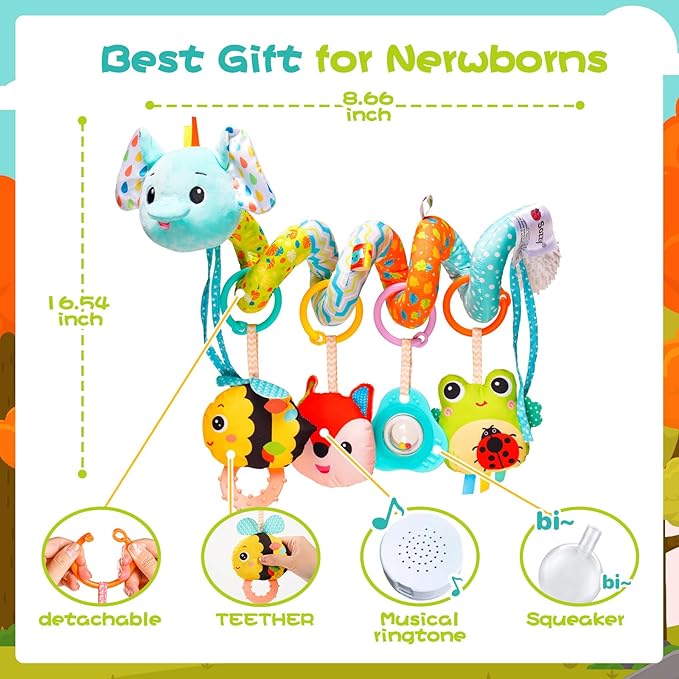 Koty Car Seat Toys, Cute Elephant Car Seat Toys for Babies 0-6 Months Boy, Stroller Toys with Crinkle, Teether, Music Box, Rattle, BB Squeaker for 0 3 6 9 12 Months Babies Infant Boys Girls Gifts