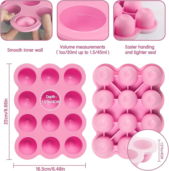 Baby Food Storage 12 x 1.5OZ Silicone Freezer Tray with Lid, Food Grade Silicone Containers for Purees & Vegetables Pink