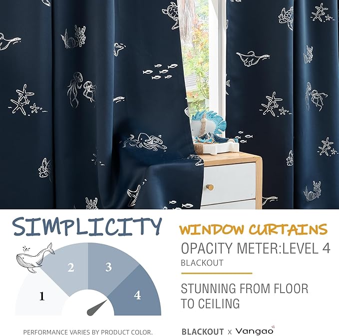Vangao Kids Curtains for Boys Bedroom Kids Blackout Curtains 63 Inch Length Ocean Aquarium Nursery Drapes for Girls Bedroom Silver Sea Animals Print Thermal Insulated Drapes, Navy Blue 2 Panels