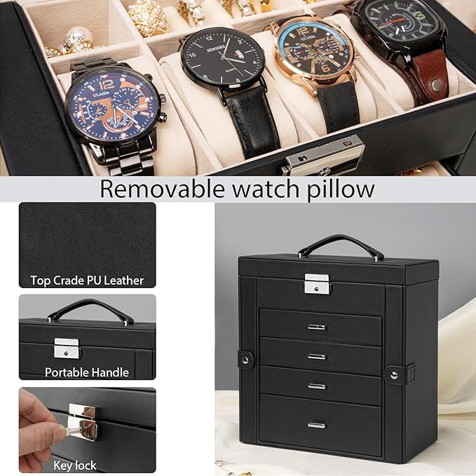 AKOZLIN 5-Tier Jewelry Box Lockable Leather Jewelry Storage Case with 4 Drawers for Women Girls Ring Necklace Earring Bracelet Watches Holder Organizer with Mirror