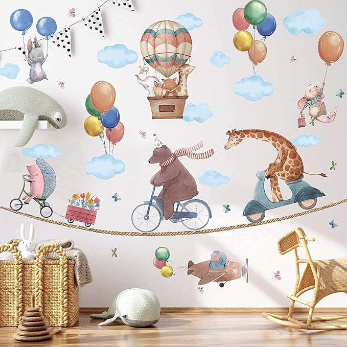 TOARTi Jungle & Woodland Animals Wall Decals - Hot Air Balloon & Elephant Giraffe Rabbit Wall Art Stickers for Baby & Kids Room Decoration