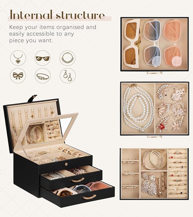 Black Jewelry Box Organizer: Home Decor for Women - 2-Drawer Holder for Valentine’s Day Birthday Christmas Black Gold