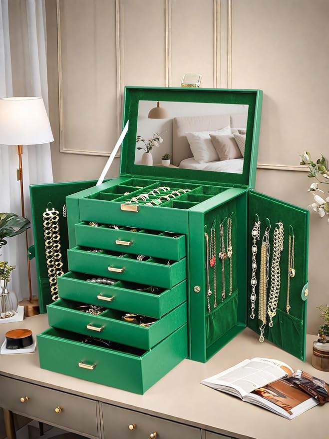BOOVO Jewelry Box For women, 6 Layer Large Jewelry Organizer With Mirror, Multi-Function Storage Box With Lock, Necklace Holder With 5 Drawers, For Earrings Necklace Bracelet (Green and Gold)