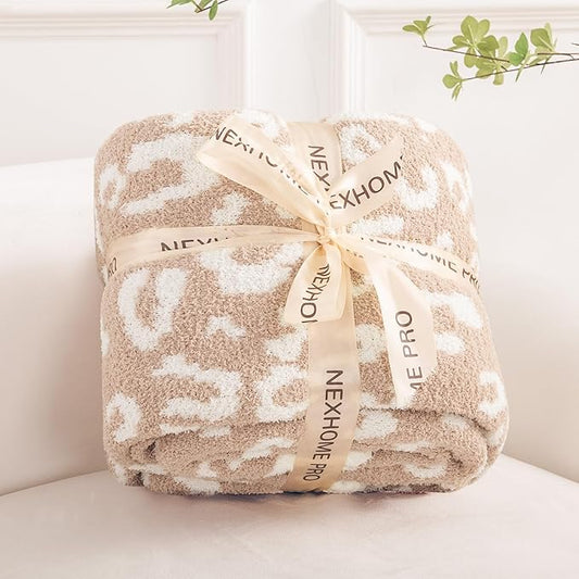 NEXHOME PRO Leopard Soft Blanket Twin Size, Fuzzy Throw Blanket for Couch Bed Sofa Picnic, Knit Blankets for Women Gifts Beige 60 x 80 inches