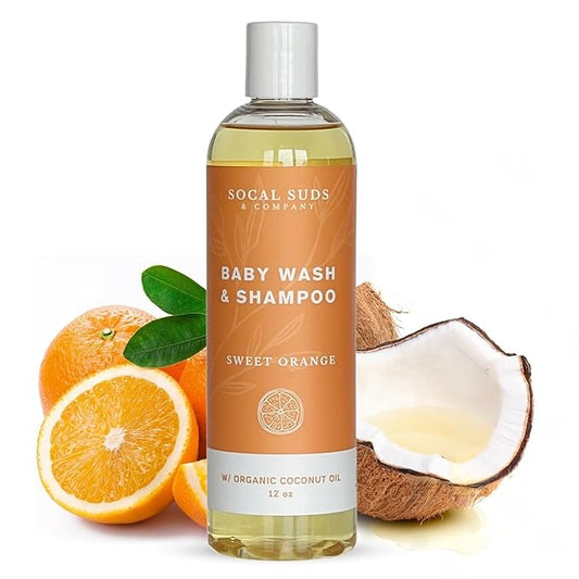 SoCal Suds & Company Baby Shampoo & Body Wash, 2-in-1 Organic Gel - Gentle Castile Soap with Vitamin-Infused Oils & Botanicals - Natural Care for Sensitive Skin Hypoallergenic - 12oz Sweet Orange