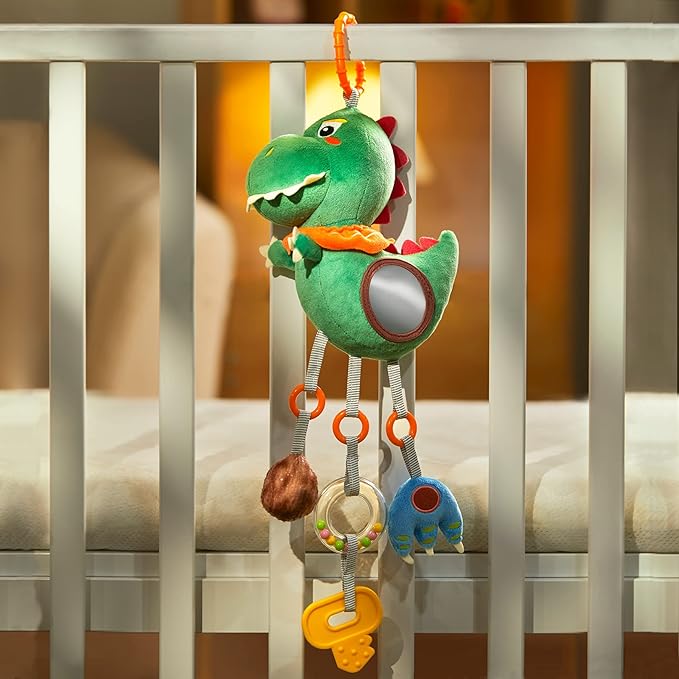 TUMAMA Baby Toys for 3 6 9 12 Months, Dinosaur Hanging Rattle Toys Crinkle Squeaky Sensory Toys with Mirror, Bell, Car Seat Stroller Mobile Toys for Boys, Girls Newborn Infant Toddler