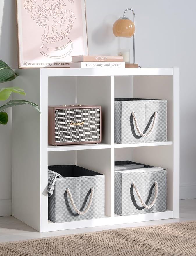 StorageWorks Storage Baskets for Shelves, Foldable Fabric Closet Storage Bins with Handles, Fabric Storage Bins Clothes Organizer, Gray Check, 3-Pack, Large