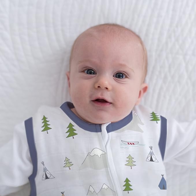 Amazing Baby Cotton Muslin Sleeping Sack, For Baby Boy or Girl, Wearable Blanket with 2-way Zipper, Outdoor Adventure, Denim, Small (0-6 Month)