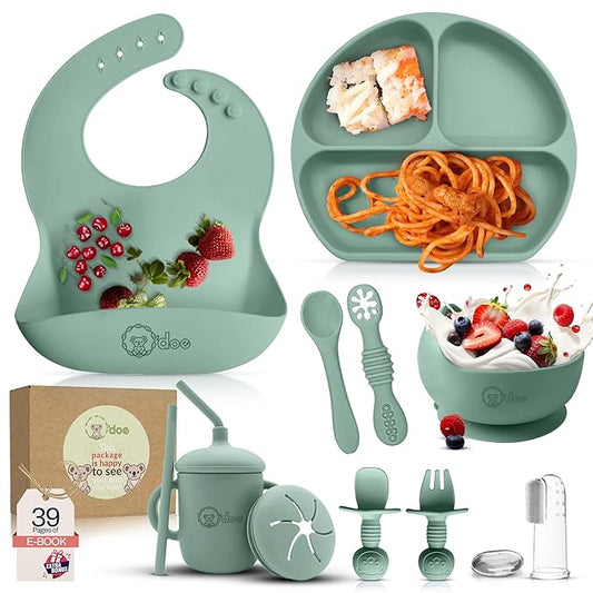 O'doe 11-Piece BPA-Free Silicone Baby Feeding Set | Thick & Soft Suction Plates, Baby Bowls, Wooden Fork & Spoon, and More | Make Mealtime Fun and Easy for Your Little One (Green, V1)