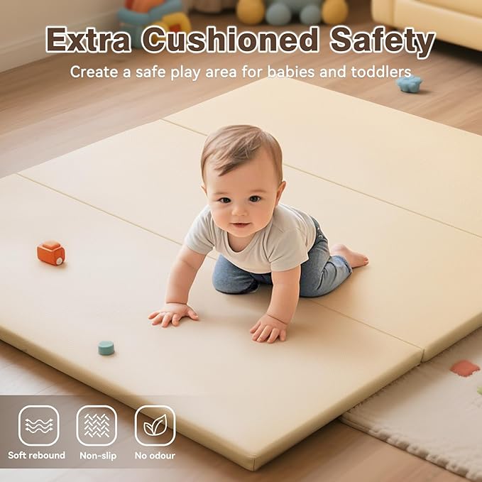 Foam Baby Play Mat: PU Leather Waterproof Kids Playmat - Trifold Floor Mat - Large Play Mat for Playpen Thick Pad Fodable Mattress Soft Toddler Mattress Infant Cushion for Preschool (Beige)