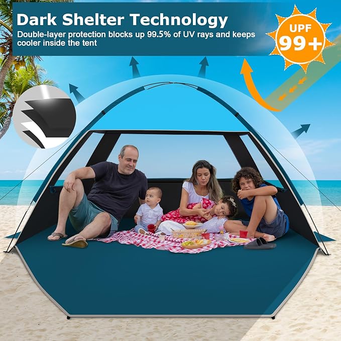 COMMOUDS Beach Tent Sun Shade for 3/4-5/6-7/8-10 Person, UPF 50+ Beach Sun Shelter Canopy Tent, Lightweight, Easy Set Up and Carry