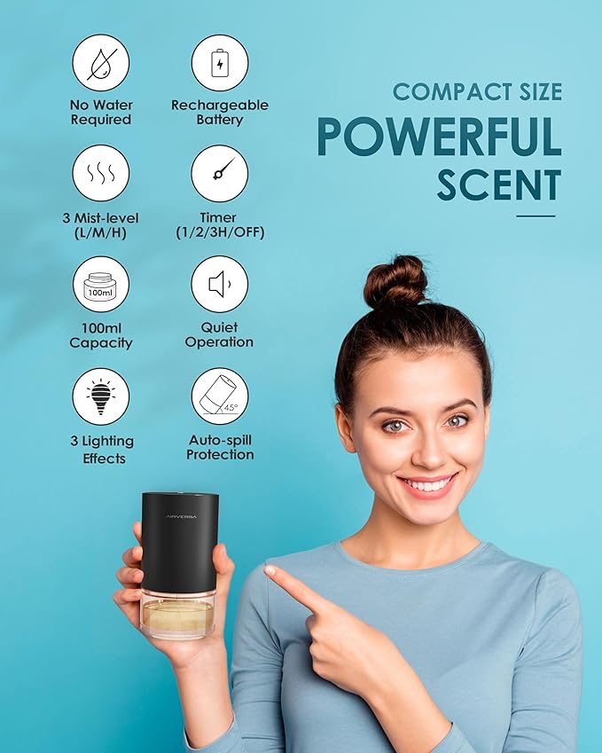 Essential Oil Diffuser Waterless Aromatherapy Diffusers for Home Large Room, Bedroom, Car, Office, Desk, Battery Operated, Small Diffuser for Pure Scent, 100mL Capacity, AN9 (Ice Blue)