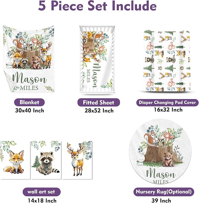Personalized Baby Crib Bedding Set for Baby Boys Girls, Animal Stump Pattern Custom Name Baby Crib Sets 5-Pcs, Toddler Double Layer Blanket Fitted Sheets Changing Pad Cover Rug Wall Art Set