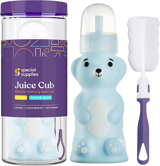 Special Supplies Honey Bear Straw Cup Long Straws, Squeezable Therapy and Special Needs Assistive Drink Container, Spill Proof and Leak Resistant Lid (Pack of 1 Bottle and 3 Straws) (Blue)