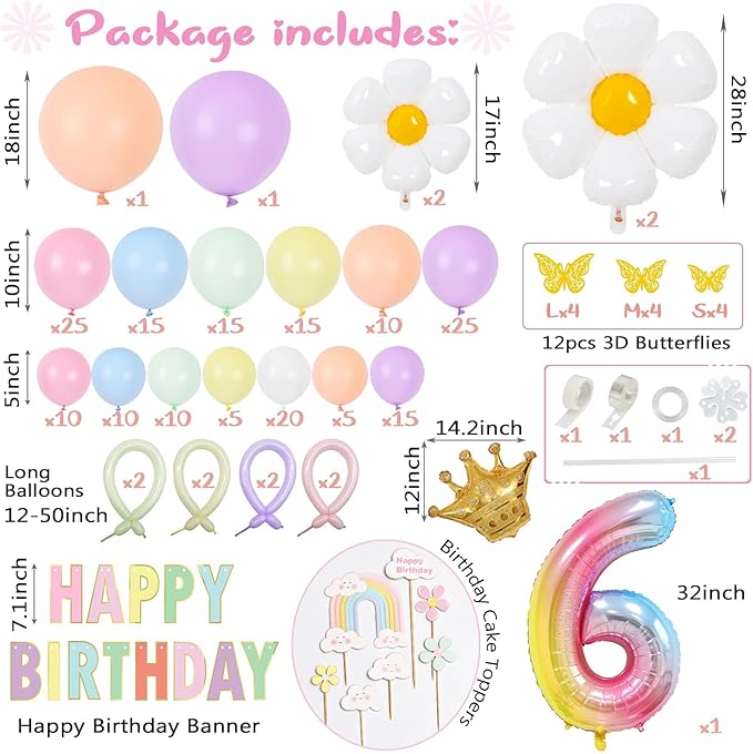 Pastel Balloons 219Pcs Daisy Balloon Garland Kit, 18 10 5 Inch Pastel Rainbow Balloons Arch, Birthday Decorations for Girls, Number 6 Balloons Daisy Balloons for Birthday Party Decorations