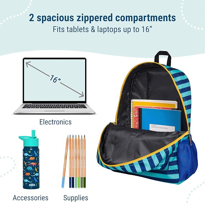 Wildkin 16-inch Kids Backpack – Durable, Padded & Spacious School Bag for Boys & Girls - Blue Stripes