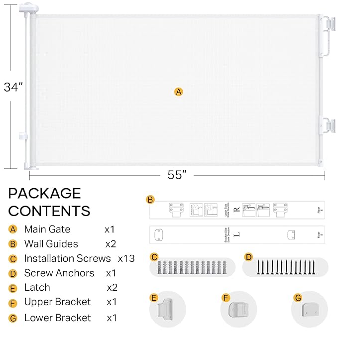Cumbor 55" Wide Retractable Baby Gates for Stairs, Mom's Choice Award - Mesh Dog Gate for Doorways, Pet Safety Essential Fit for Baseboards, Wide Toddlers Gates for Hallways, Indoor & Outdoor, White