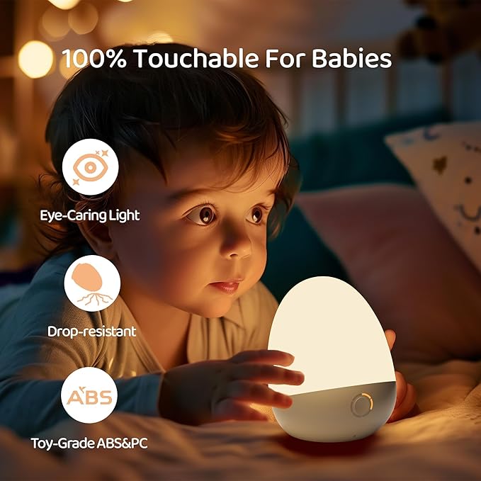 Touch Egg Night Light for Baby Nursery, Rechargeable Portable Kids Nightlight Lamp with 1-6H Feeding Timer, 3 Color Temperatures Dimmable, Ideal for New Moms of Toddlers