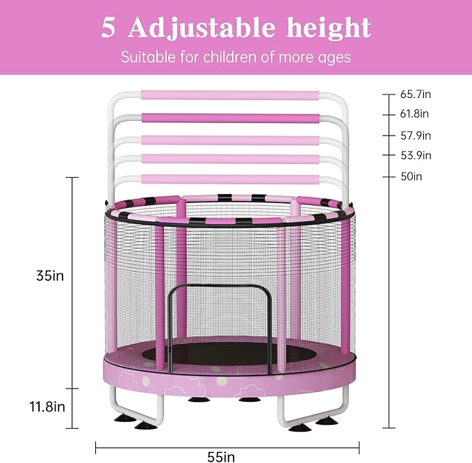 LAMERGE 55" 7-in-1 Round Trampoline for Kids Boys & Girls Ages 1-8, Indoor & Outdoor Trampoline for Fun, Adjustable Height Handrail ＆ Enclosed Safety Net ＆ Durable Designs for Toddlers Children