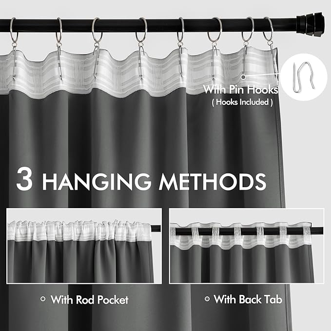 MIULEE Back Tab Grey Blackout Curtains 90 Inch Long 2 Panels Set for Living Room Bedroom Privacy, Rod Pocket/Pinch Pleated Thermal Insulated Room Darkening Light Blocking Curtains, 52 x 90 Inch