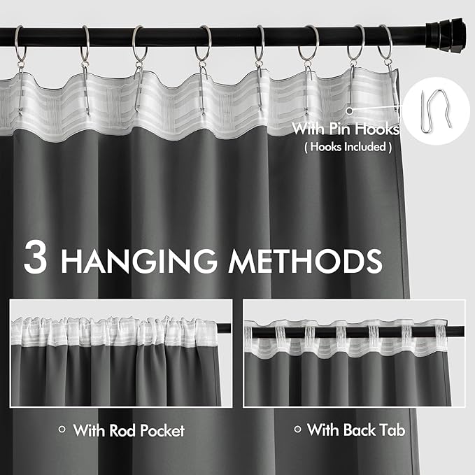MIULEE Back Tab Grey Blackout Curtains 102 Inch Long 2 Panels Set for Living Room Bedroom, Rod Pocket/Pinch Pleated Thermal Insulated Room Darkening Light Blocking Floor to Ceiling Curtains/Drapes