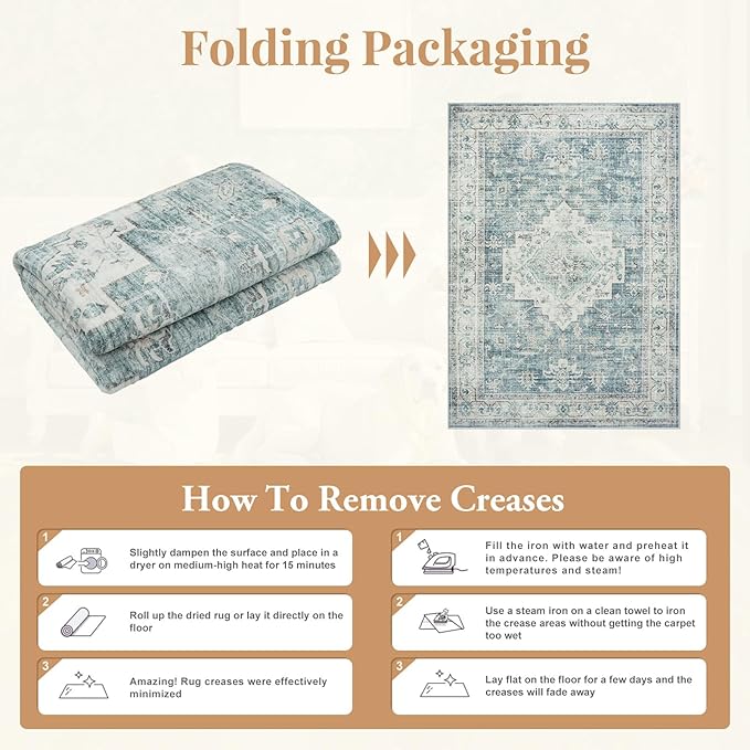 LIVEBOX Washable Area Rug 10x14 Rugs for Living Room Bedroom, Non-Slip Boho Indoor Carpet for Dining Room Office, Low-Pile Farmhouse Soft Carpets for Kids Nursery Room Playroom, Blue