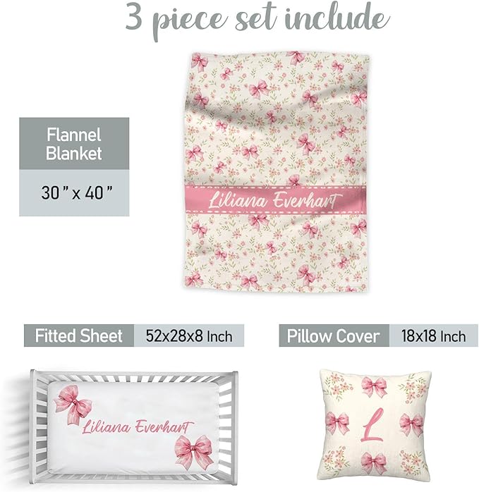 Personalized Baby Girl Crib Bedding Set – Custom Name Pink Bows 3-Piece Nursery Set with Soft Flannel Blanket, Fitted Sheet & Pillowcase – Infant & Toddler Bedding Gift