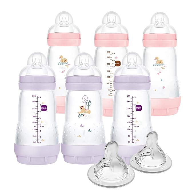 MAM 9oz Easy Start Anti-Colic Baby Bottles, Medium Flow with 2X Bonus Nipples (Fast and Extra Fast Flow), Reduces Colic, Gas, & Reflux, Easy-to-Clean, BPA-Free, 2 Plus Months