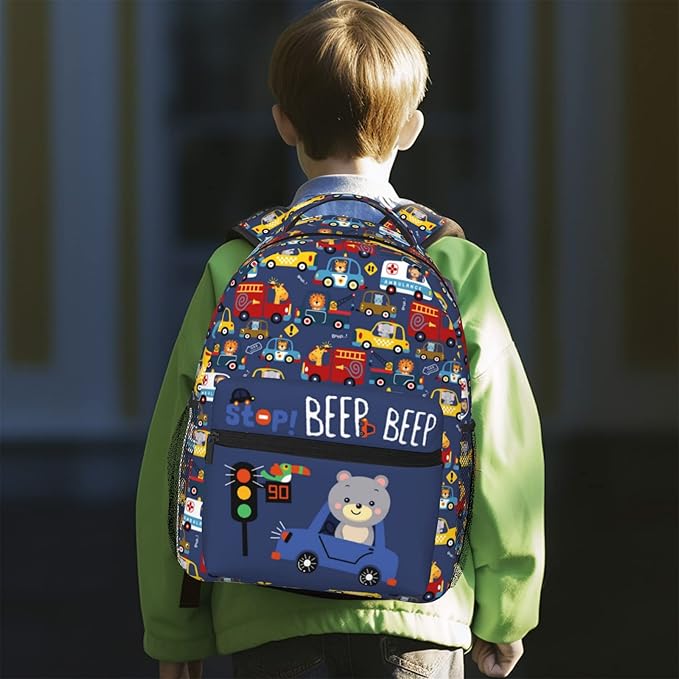 Cartoon Car Animal Backpack For Kids School Boys Girls, Bear & Traffic Light Design, Lightweight Waterproof Ergonomic Backpack For Age 3-5 5-7 7-9 9-12 School Book Bag Daypack Outdoor Play