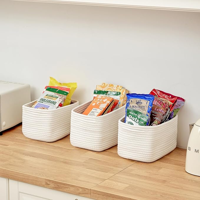 Small Cotton Rope Storage Basket Set of 3-11"x7"x7" Perfect Woven Baskets for Storage, Ideal Storage Baskets for Organizing Toys, Towels, and More - Baskets for Shelves and Home Decor（White）