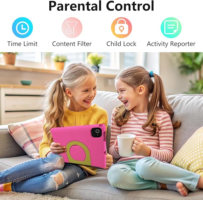 JREN Kids Table 10.1" ｜Android 14 Tablet for Kids｜64GB Storage｜Octa-Core｜WiFi ｜Cameras｜Parental Control｜Kids Content｜Case Included Great Gift for Children Ages 3-12 Years Old Pink