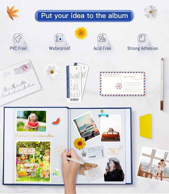 popotop Photo Album Self Adhesive with Picture Display Window,60 Pages DIY Scrapbooking Supplies Kit for 4x6 10x12 Picture,Linen Cover Memory Book for Baby Wedding, with Scraper and Metallic Pen