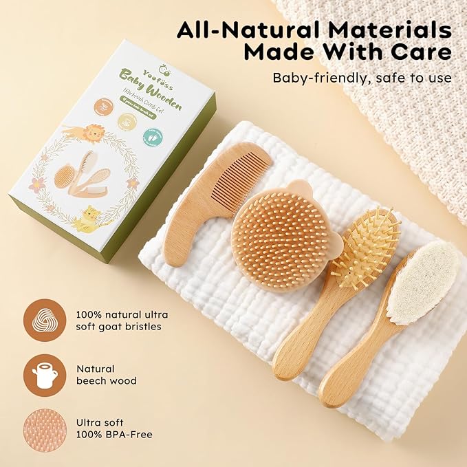 Yoofoss 4 Piece Baby Brush and Comb Set, Wooden Baby Brush with Natural Ultra Soft Goat Hair, Baby Hair Brush for Newborn, Baby Brush Set for Boy Girl