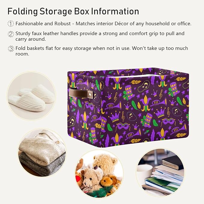 Mardi Gras Carnival Storage Basket Cube Storage Bins Organizer Bag Collapsible Closet Shelf Baskets with handle for Baby Cloth Pet Toy Book 14.2×10.2×8.3 IN