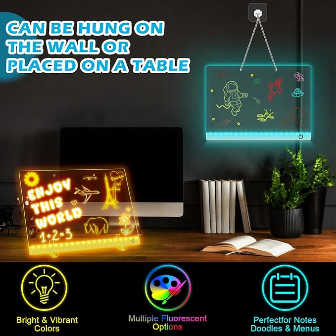 Meetory LED Drawing Board for Kids, Note Board with Colors, 13.8"X 9.8" 4 Modes & 6 Colors, Dry Erase Board with Light, Include Adapter, Hanging Chain, Stand, 12 Markers, Spray Bottle