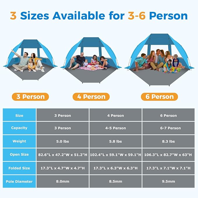 Gorich Portable Beach Tent for 3/4-5/6-7 Person with UPF 50+ UV Protection, Lightweight & Foldable Sun Shelter with 5 Sand Bags, Easy Setup Windproof Beach Umbrella Sun Shade