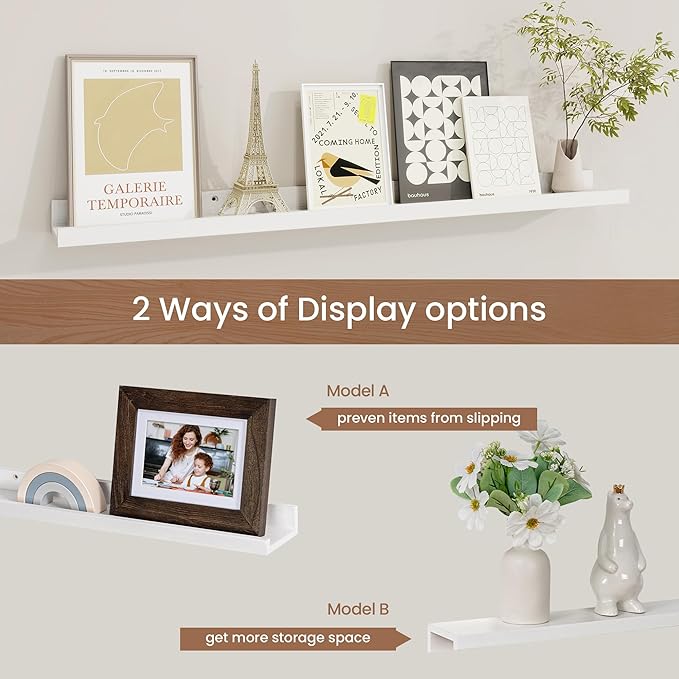 Picture Ledge Shelf, Solid Pine Wood Floating Shelves Set of 2, 32 Inches Nursery Book Shelves for Toys Storage, Kids Bookshelf Wall Mounted for Living Room Bedroom Decor Books Photo Frames, White