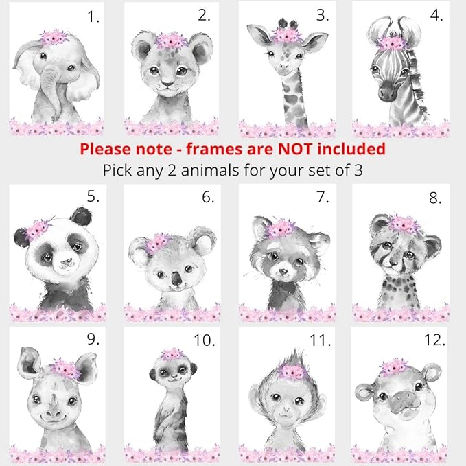Safari Animals Girls Nursery Bedroom Unframed Set of 3 Poster Prints, Personalized Name Pink or Purple Flowers Wall Art Decor New Baby Gift Present, Elephant Giraffe Panda Zebra Lion (9x12)