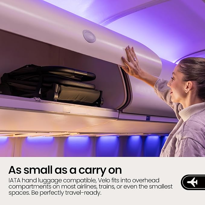 Mompush Velo Lightweight Travel Stroller – One-Hand Fold, Ultra-Compact & Airplane Friendly, Lie-Flat Recline Seat (from Birth to 50 lbs), Includes Cup Holder, Shoulder Strap, and Leather Bumper Bar