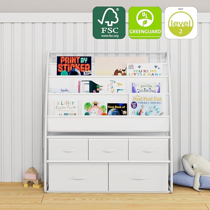 NACHES 3-Tier Kids Bookshelf with 5 Fabric Drawers, Metal Toy Storage Organizer for Kids Room, Living Room & Study Room, White (White)