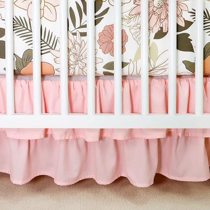 4-Piece Crib Bedding Set for Girls, Pink Baby Girl Bedding Set with Crib Skirt, Baby Quilt, Crib Sheet and Diaper Stacker, Daisy Flower