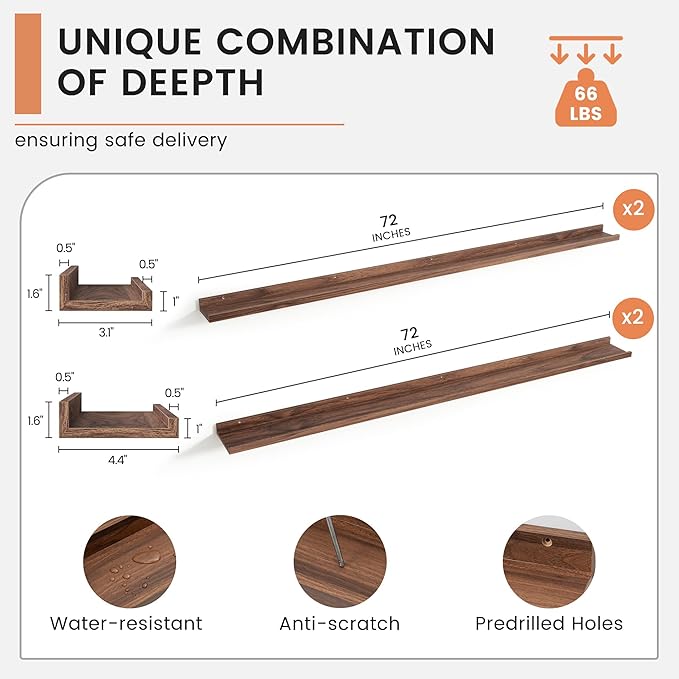 Floating Picture Ledge Shelves for Wall Set of 4, 72 Inch Wall Shelves with Lip Long Large Nursery Book Shelf for Toys Storage Kids Bookshelf Wall Mounted Living Room Bedroom Decor Frames