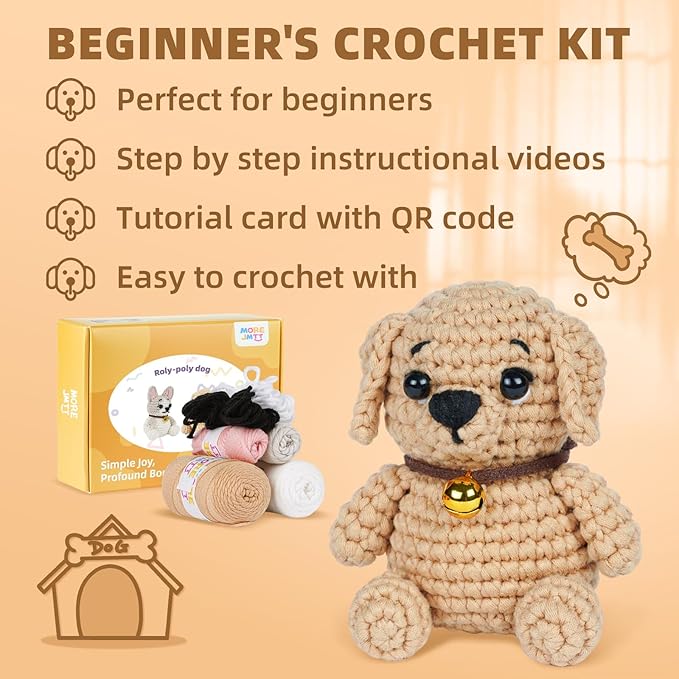 MOREJMTT Crochet Kit for Beginners, Learn to Crochet, Include Easy Knitting Soft Yarn, Step-by-Step Video Tutorial, Hook, Holiday Birthday Gift for Adults and Kids(2pack Dog)