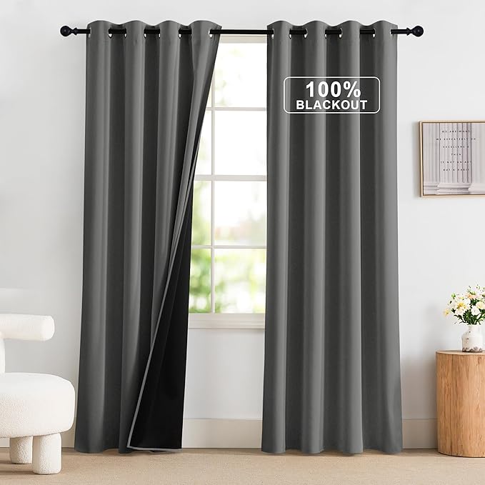 NICETOWN 100% Blackout Curtains 84 inch Long for Bedroom, Total Blackout Thermal Insulated Grommet Long Window Curtains 2 Panels Set, 2 Panels, Grey, 52 inch Wide