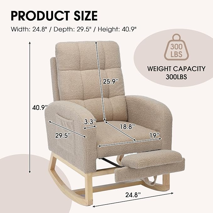 NIOIIKIT Modern Nursery Rocking Chair, Teddy Upholstered Rocking Chair with Footrest, Comfortable Rocker Chair with Side Pocket, Rocker Chair for Living Room, Bedroom, Nursing Room (Brown)
