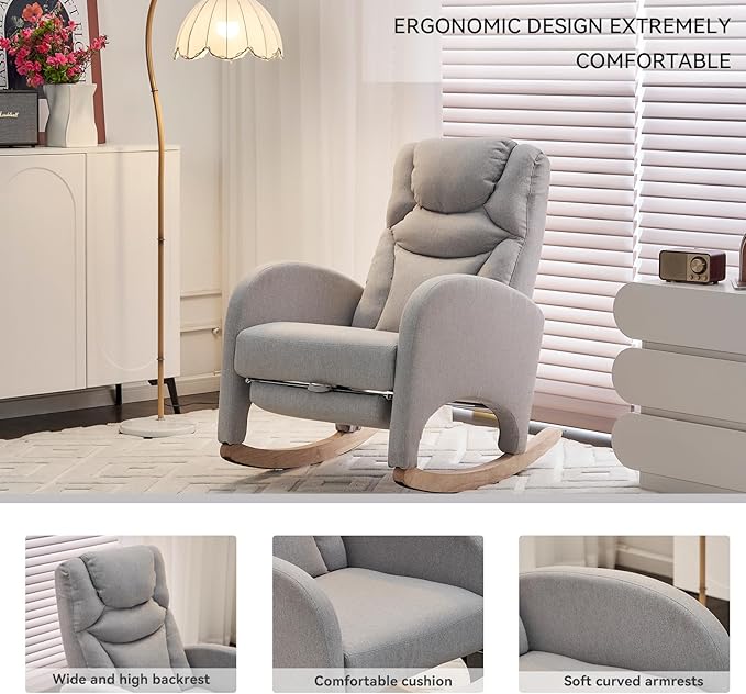Rocking Chair Nursery, Modern Glider Chair with Adjustable Footrest and Solid Wood Legs, High Backrest Nursery Chair with Side Pocket, Rocker Armchair for Living Room Bedroom, Cotton Linen Light Gray