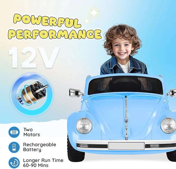 12V Kids Electric Car, Power Wheels with Remote Control, Ride on Car Toys with LED Light, 3 Speeds, Music, Blue