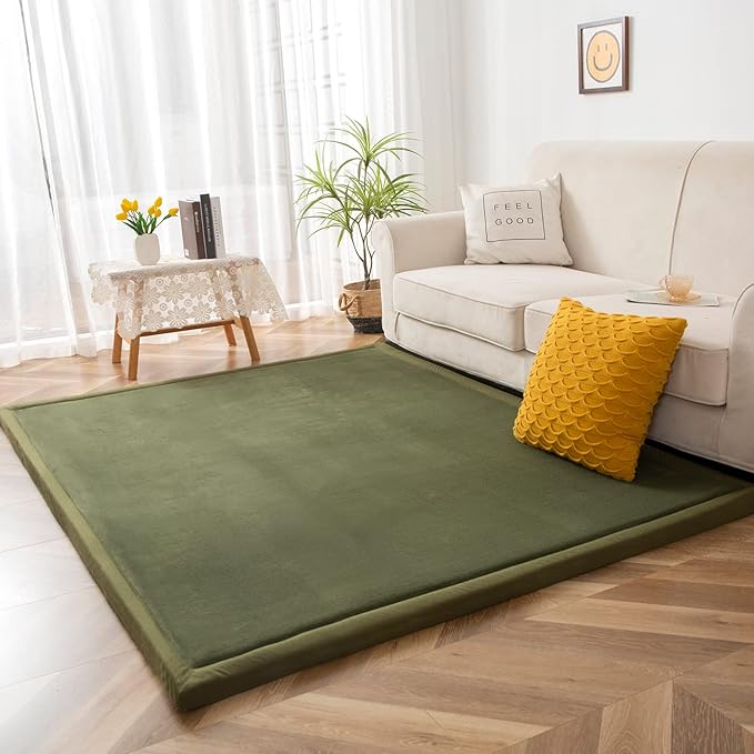 MAXYOYO Coral Velvet Area Rug, Thick Japanese Tatami Mat Living Room Carpet with Non-Slip Backing, Large Solid Color Mat for Bedroom Dormitory Yoga, Olive Green, 78 by 118 inch