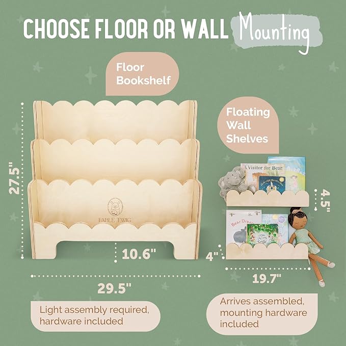 Wooden Kids Bookshelf w/Scalloped Edges- Made in USA- Perfect Height 3-Tier Montessori Shelf- Durable Childrens Bookcase for Kids Room or Playroom- Baby Book Shelf Nursery