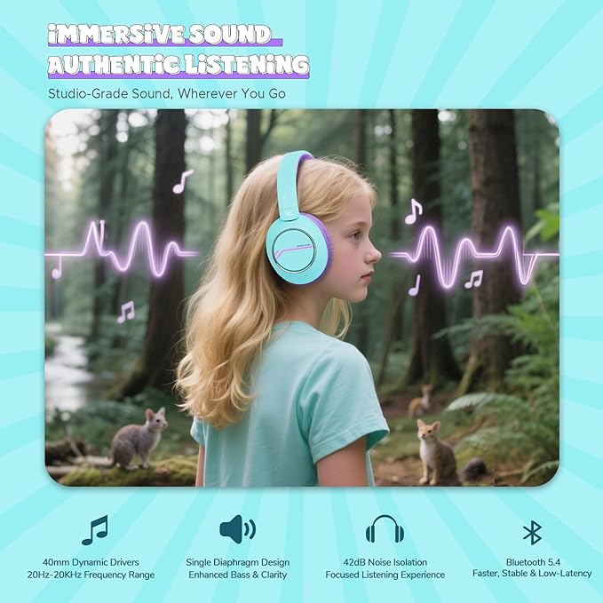 Nova1Pro Active Noise Cancelling Headphones for Kids, 3-Level Safe Volume 75/85/94dB, ANC Safe Wireless Listen, Type C Fast Charging, Bluetooth 5.4 with Mic, boy Girl for School, Travel & Airplane